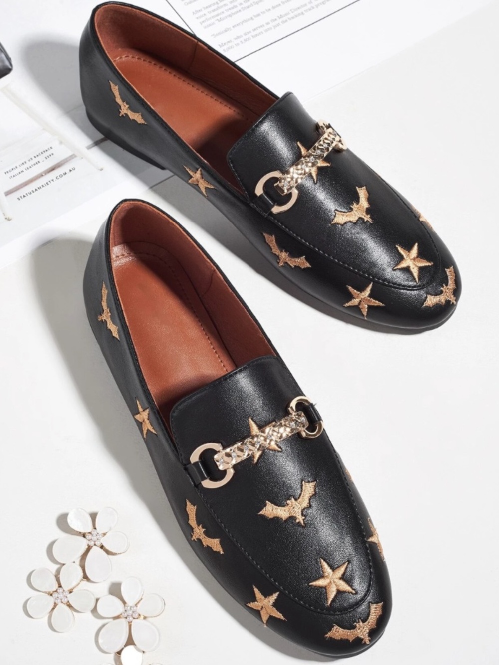 Bat Star Embroidered Loafers 5 Black Horsebit Flat Slip On Shoes Smooth Leather